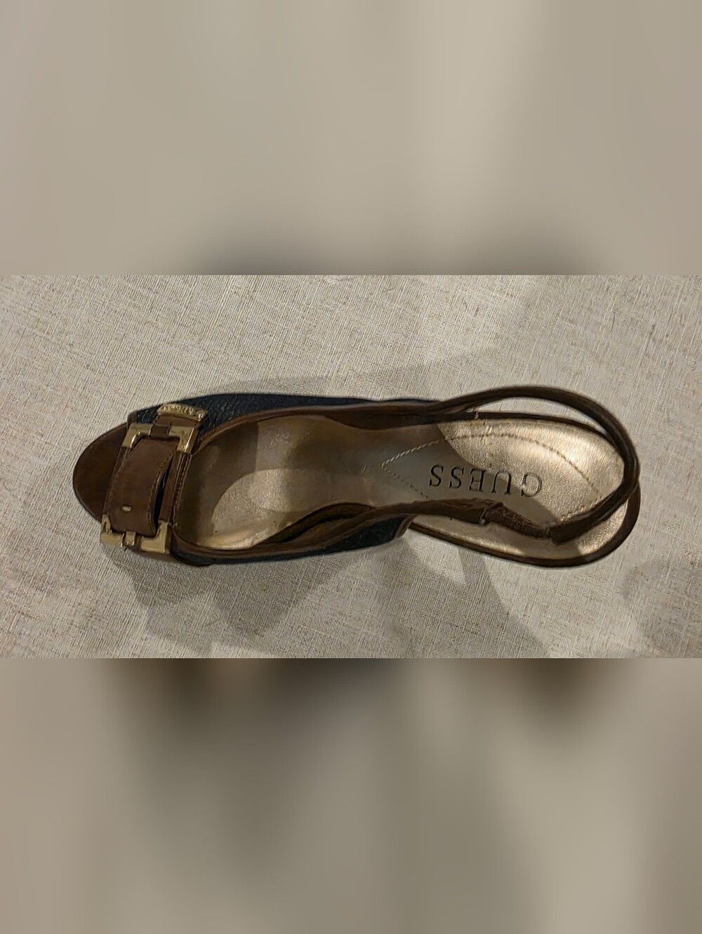 GUESS Brown & Navy Peep-Toe Slingback Heels with Gold Buckle - Picture 3 of 6